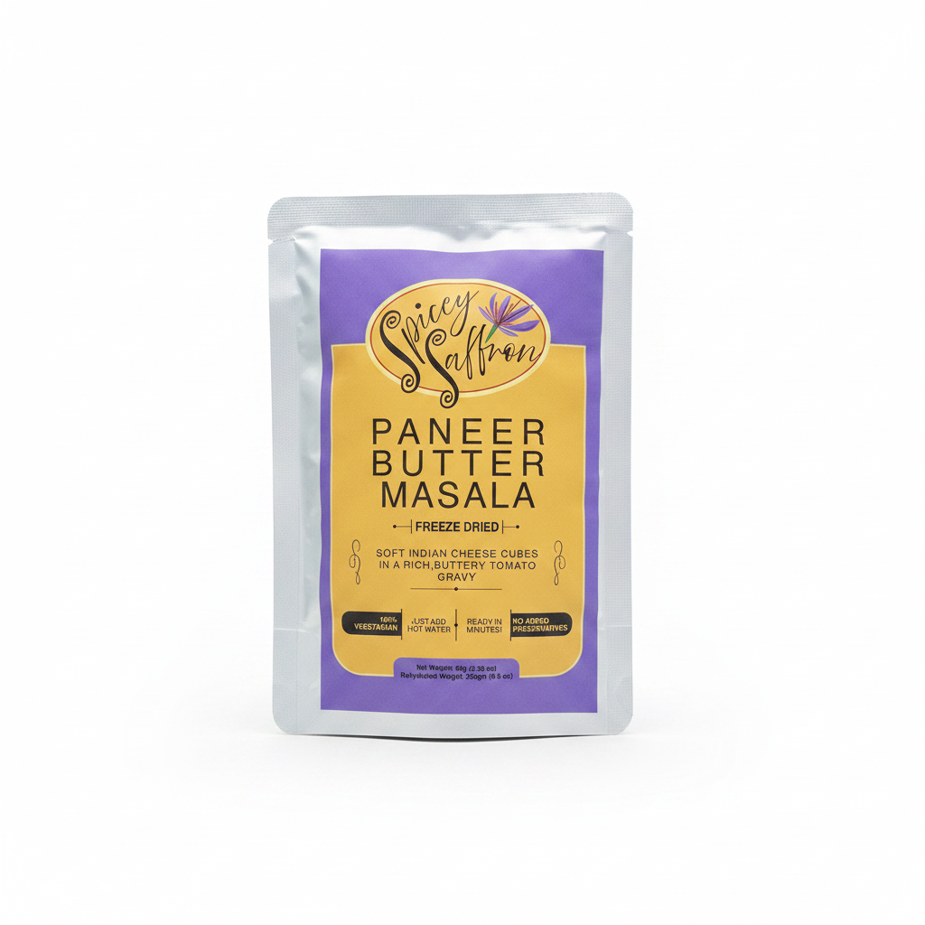 Spicey Saffron Paneer Butter Masala freeze-dried meal packet on white background