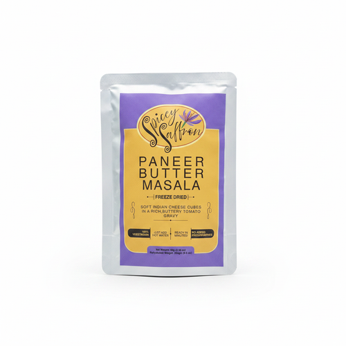 Spicey Saffron Paneer Butter Masala freeze-dried meal packet on white background