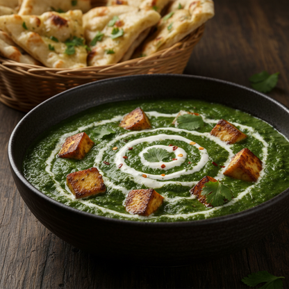 Palak Paneer – creamy spinach curry with golden paneer cubes, garnished with cream, chili flakes, and cilantro